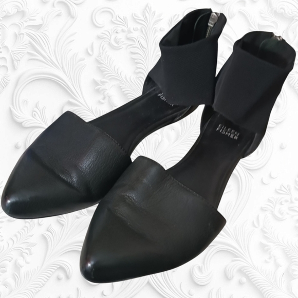 Eileen Fisher Allot Tumbled Ballet Flats Black Leather Mesh Ankle Strap 6.5 - Picture 3 of 7